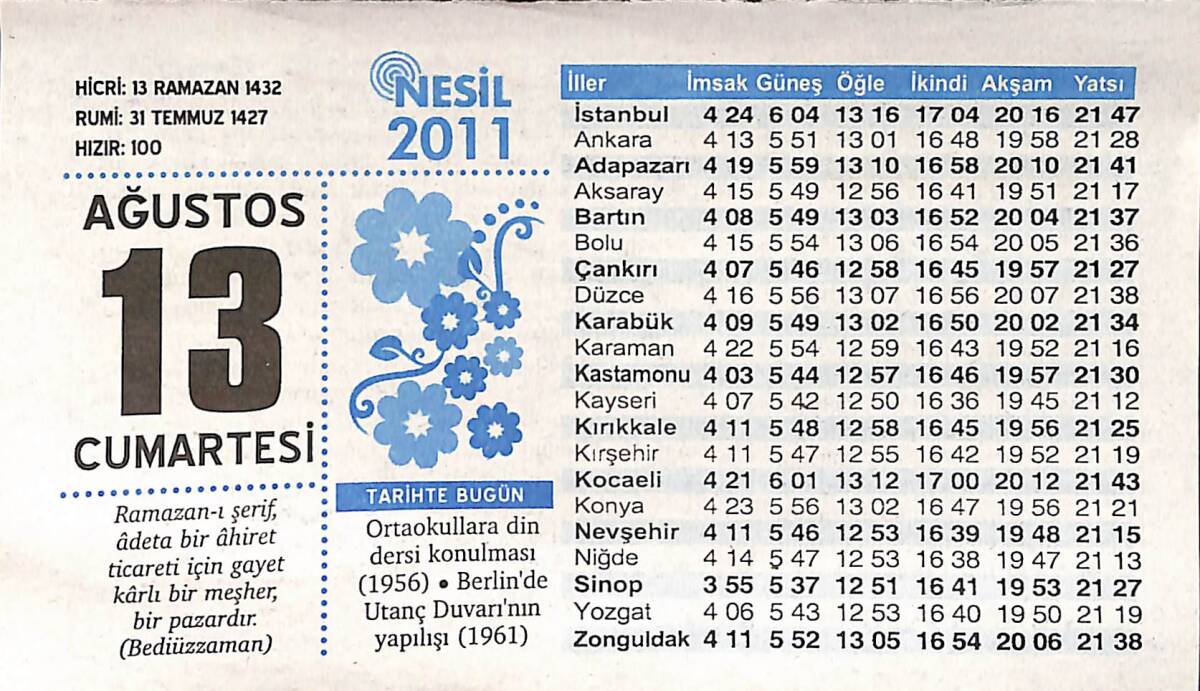 13 Ağustos 2011 Takvim Yaprağı - Doğum Günü Hediyesi EFMN14328 - 1