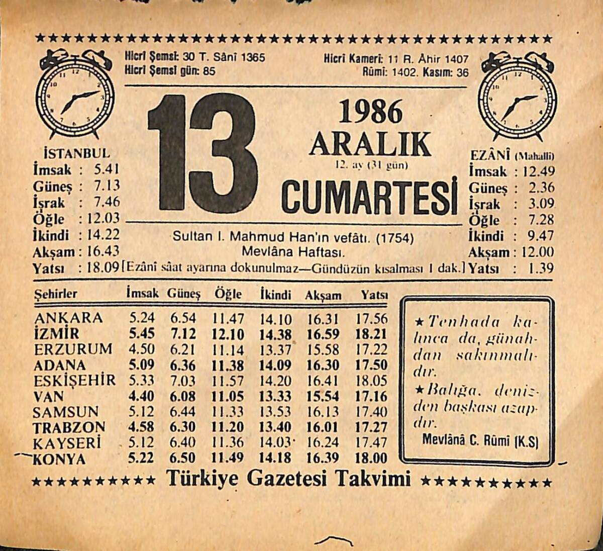 13 Aralık 1986 Takvim Yaprağı - Doğum Günü Hediyesi EFMN14860 - 1