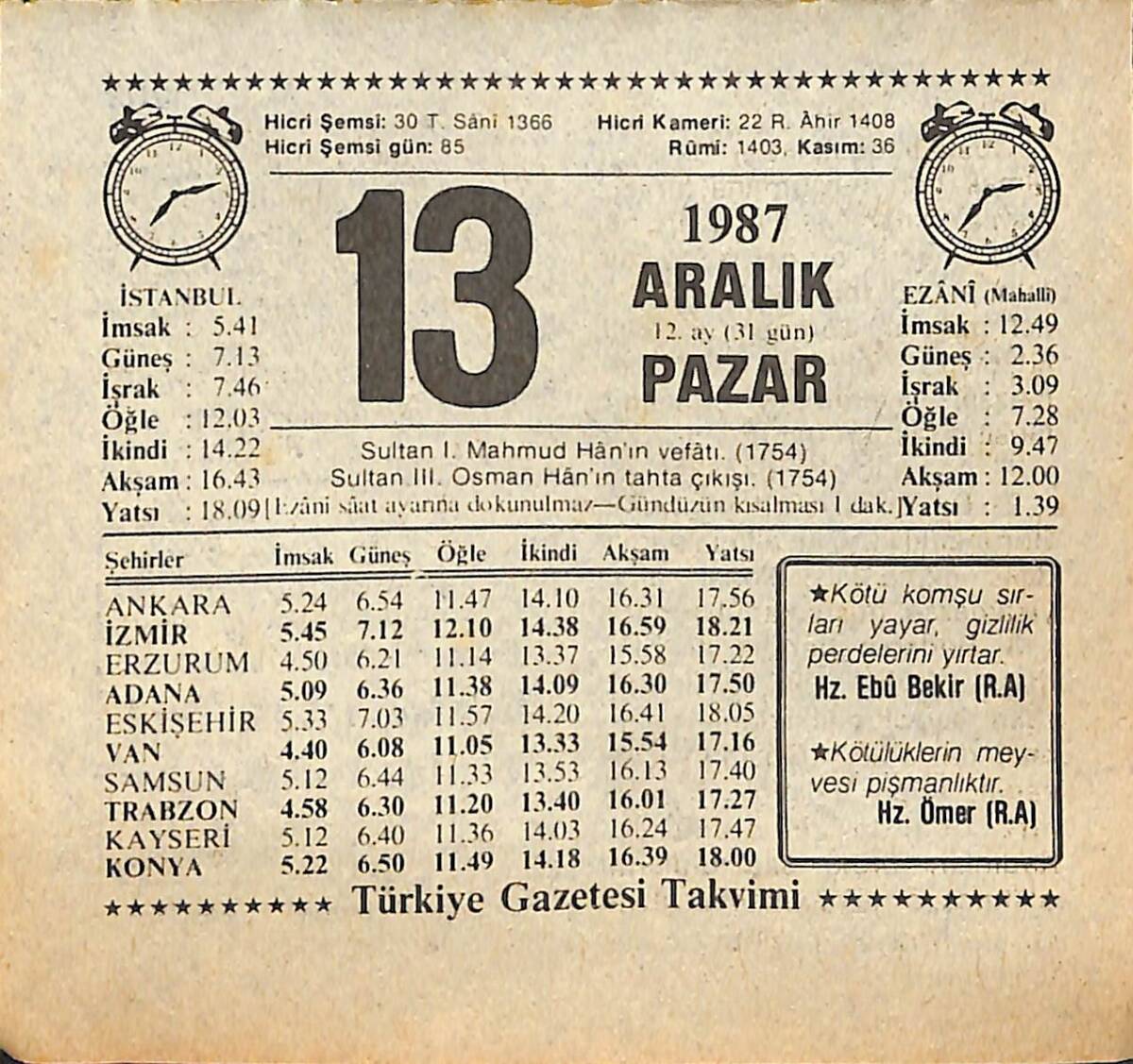 13 Aralık 1987 Takvim Yaprağı - Doğum Günü Hediyesi EFMN14998 - 1