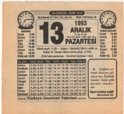 13 Aralık 1993 Takvim Yaprağı EFM(N)4234 - 2
