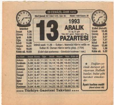 13 Aralık 1993 Takvim Yaprağı EFM(N)4234 - 2