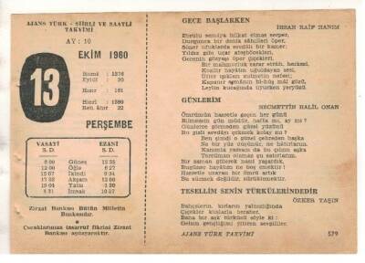 13 Ekim 1960 Ajans Türk Takvim Yaprağı (Şiirli Saatli) EFM(N) 1750 - 4