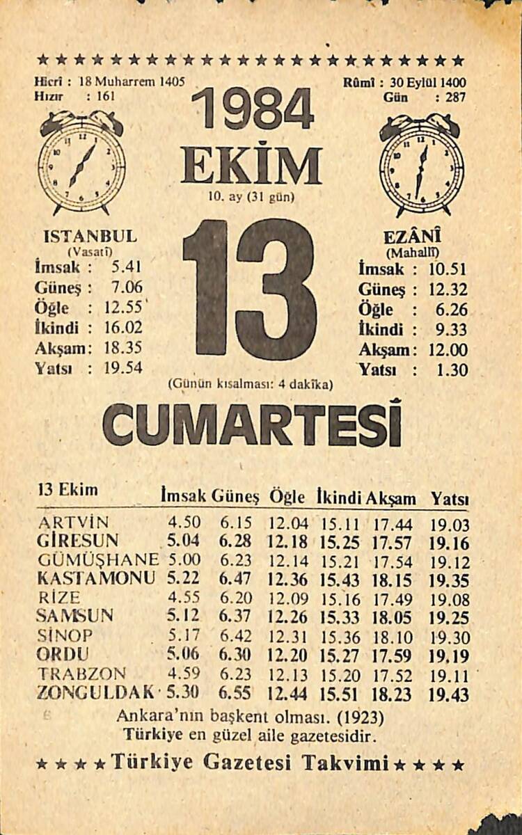 13 Ekim 1984 Takvim Yaprağı - Doğum Günü Hediyesi EFMN14570 - 1