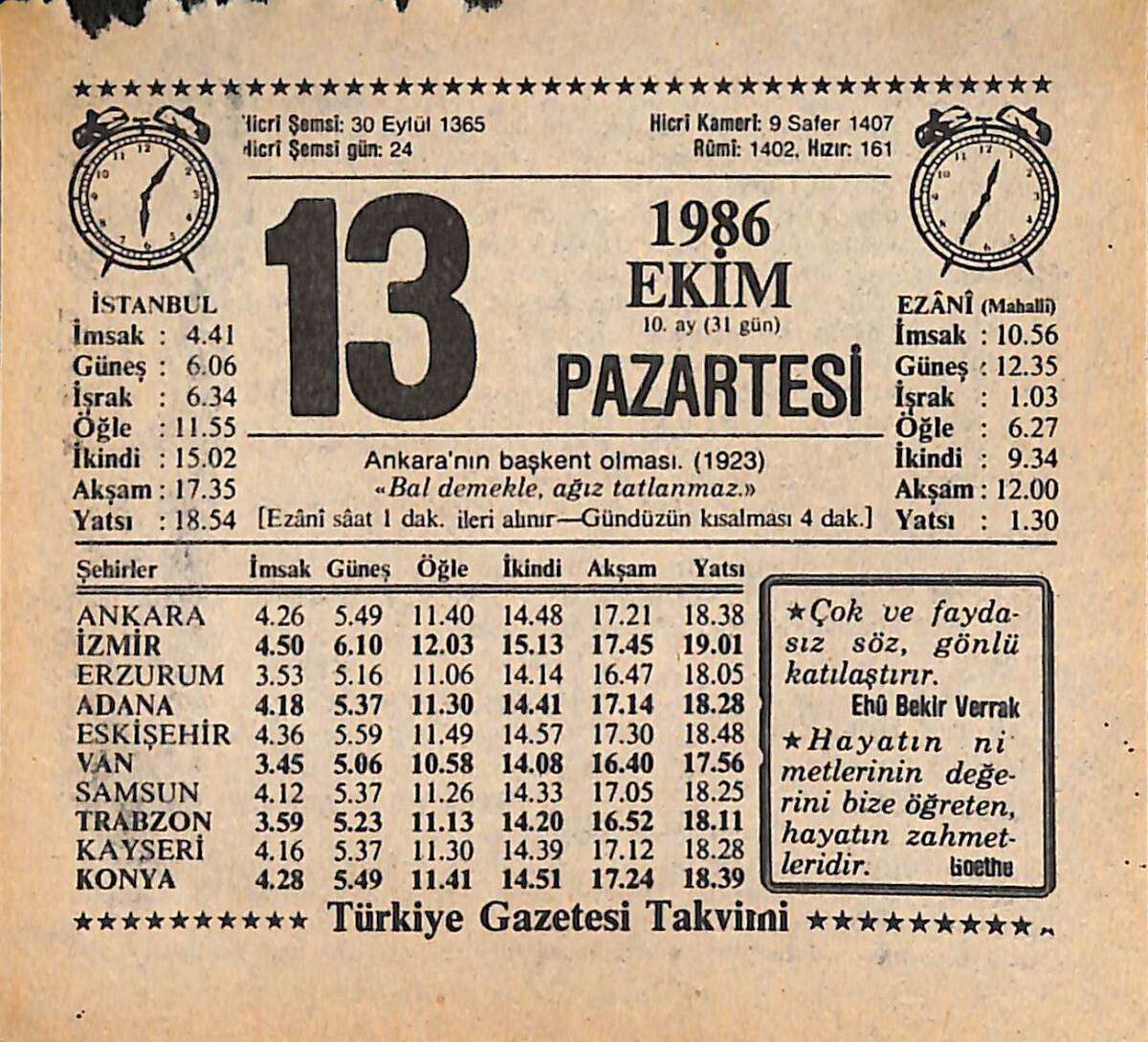 13 Ekim 1986 Takvim Yaprağı - Doğum Günü Hediyesi EFMN14918 - 1