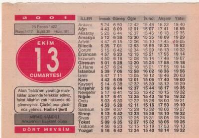 13 Ekim 2001 Takvim Yaprağı EFM(N)3734 - 3