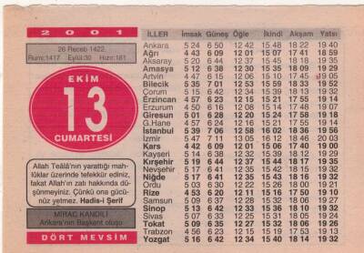13 Ekim 2001 Takvim Yaprağı EFM(N)3734 - 1