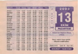 13 Ekim 2003 Takvim Yaprağı EFM(N)3715 - 3