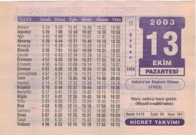 13 Ekim 2003 Takvim Yaprağı EFM(N)3715 - 3
