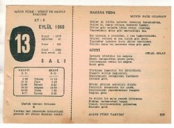 13 Eylül 1960 Ajans Türk Takvim Yaprağı (Şiirli Saatli) EFM(N) 1720 - 4