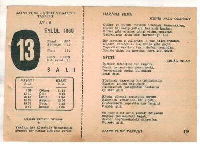 13 Eylül 1960 Ajans Türk Takvim Yaprağı (Şiirli Saatli) EFM(N) 1720 - 1