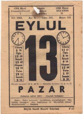 13 Eylül 1964 Takvim Yaprağı EFM(N)3616 - 1