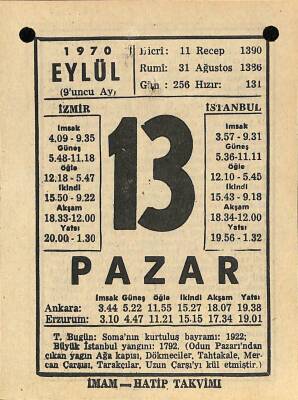 13 Eylül 1970 Takvim Yaprağı - Doğum Günü Hediyesi EFM(N)9889 - 2