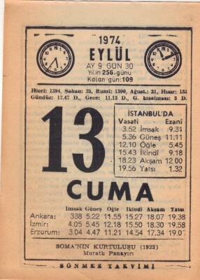 13 Eylül 1974 Takvim Yaprağı EFM(N)2715 - 3