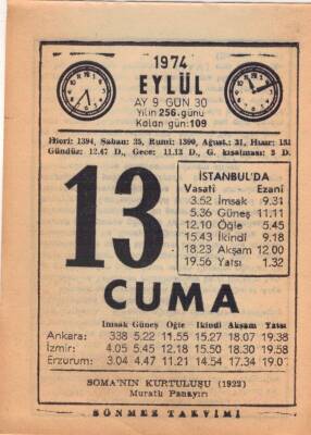 13 Eylül 1974 Takvim Yaprağı EFM(N)2715 - 1
