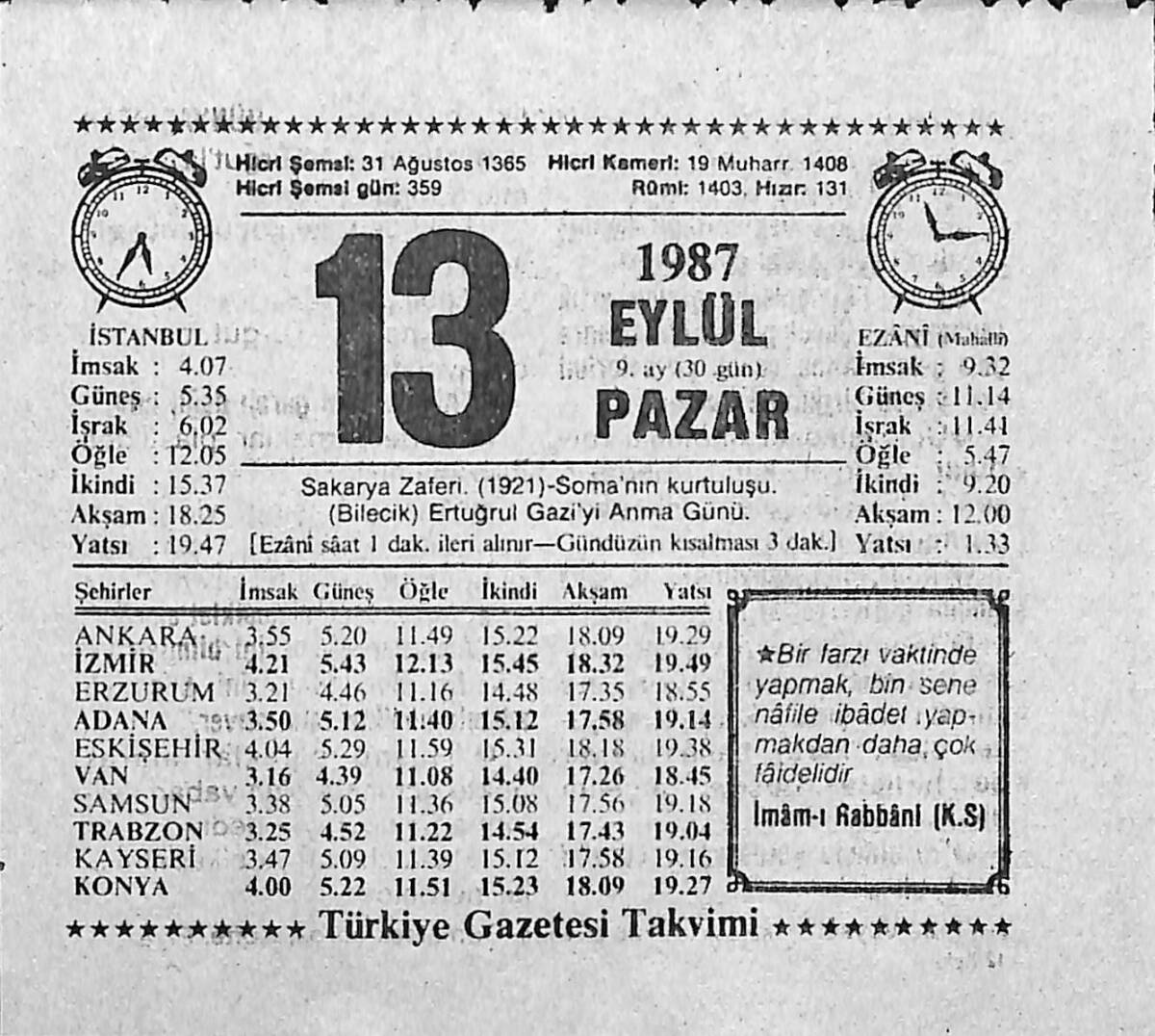 13 Eylül 1987 Takvim Yaprağı - Doğum Günü Hediyesi EFMN13948 - 1