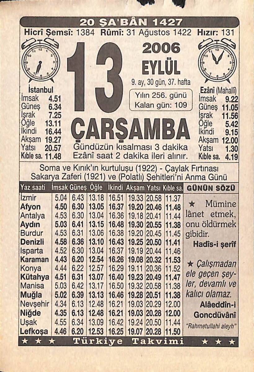 13 Eylül 2006 Takvim Yaprağı - Doğum Günü Hediyesi EFMN15839 - 1