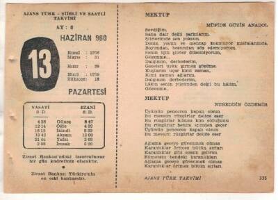 13 Haziran 1960 Ajans Türk Takvim Yaprağı (Şiirli Saatli) EFM(N)1630 - 1
