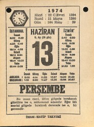 13 Haziran 1974 Takvim Yaprağı - Doğum Günü Hediyesi EFM(N)11962 - Gökçekoleksiyon