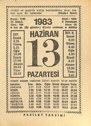 13 Haziran 1983 Takvim Yaprağı - Doğum Günü Hediyesi EFM(N)12540 - Gökçekoleksiyon