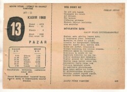13 Kasım 1960 Ajans Türk Takvim Yaprağı (Şiirli Saatli) EFM(N) 1779 - 2