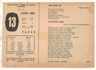 13 Kasım 1960 Ajans Türk Takvim Yaprağı (Şiirli Saatli) EFM(N) 1779 - 2