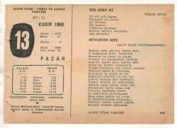 13 Kasım 1960 Ajans Türk Takvim Yaprağı (Şiirli Saatli) EFM(N) 1779 - 1