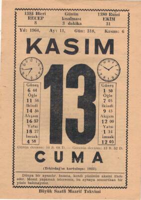 13 Kasım 1964 Takvim Yaprağı EFM(N)3679 - 1