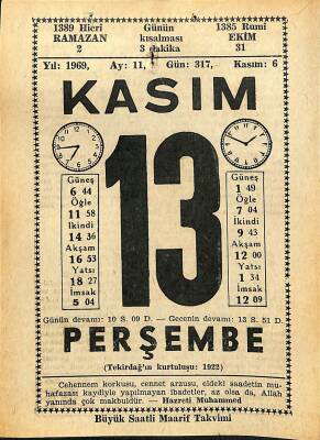 13 Kasım 1969 Takvim Yaprağı - Doğum Günü Hediyesi EFM(N)11094 - 1