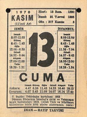 13 Kasım 1970 Takvim Yaprağı - Doğum Günü Hediyesi EFM(N)10745 - 4