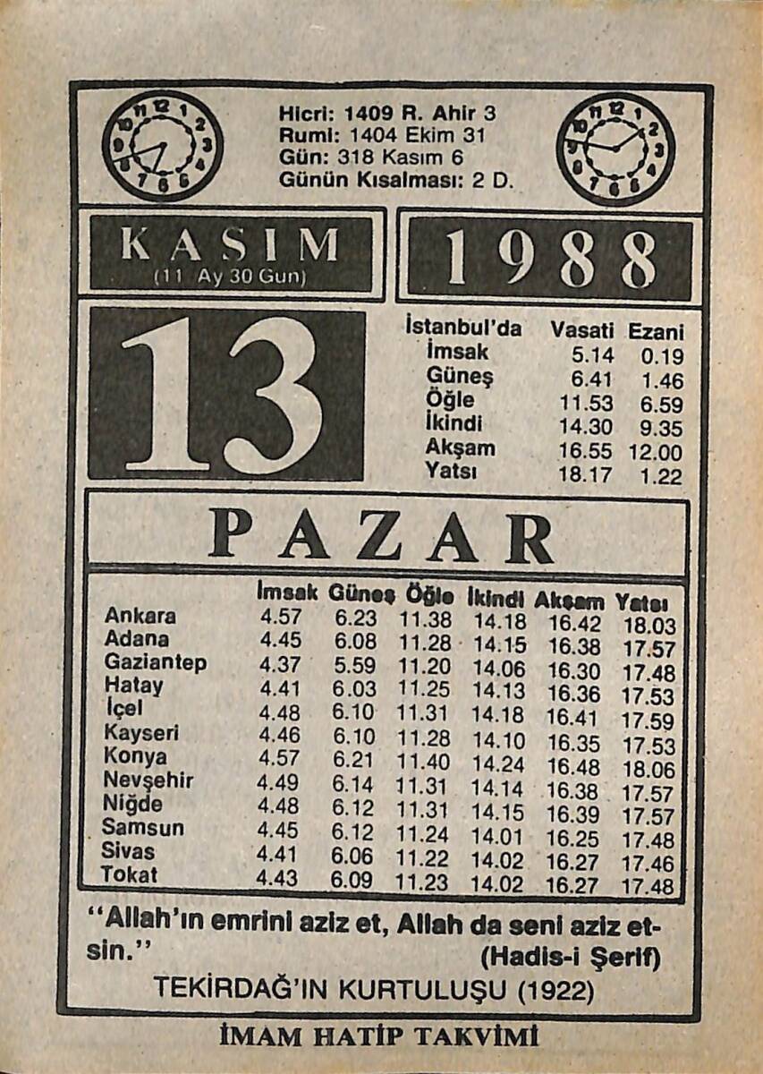 13 Kasım 1988 Takvim Yaprağı - Doğum Günü Hediyesi EFMN14617 - 1