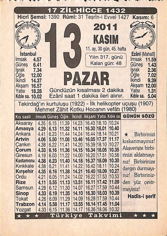 13 Kasım 2011 Takvim Yaprağı - Doğum Günü Hediyesi EFMN15276 - 1