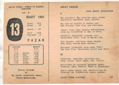 13 Mart 1960 Ajans Türk Takvim Yaprağı (Şiirli Saatli) EFM(N)1540 - 4