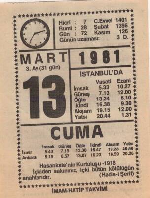 13 Mart 1981 Takvim Yaprağı EFM(N)6015 - 1