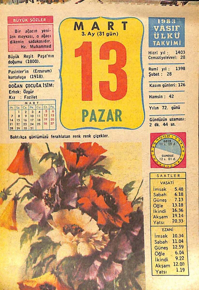 13 Mart 1983 Takvim Yaprağı - Doğum Günü Hediyesi EFMN15038 - 1