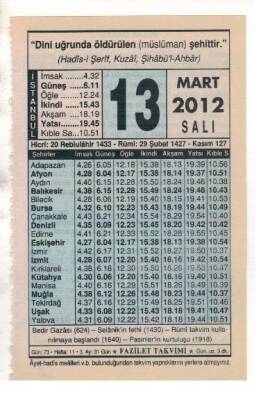 13 Mart 2012 Takvim Yaprağı EFM(N)1883 - 1