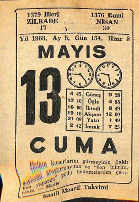13 Mayıs 1960 Takvim Yaprağı - Doğum Günü Hediyesi EFM(N)11167 - 1