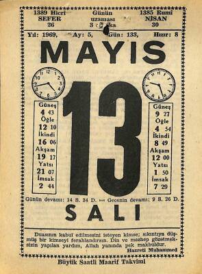 13 Mayıs 1969 Takvim Yaprağı - Doğum Günü Hediyesi EFM(N)11108 - 1