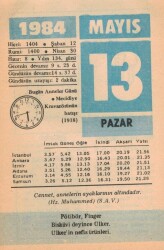 13 Mayıs 1984 Takvim Yaprağı EFM(N)6222 - Gökçekoleksiyon