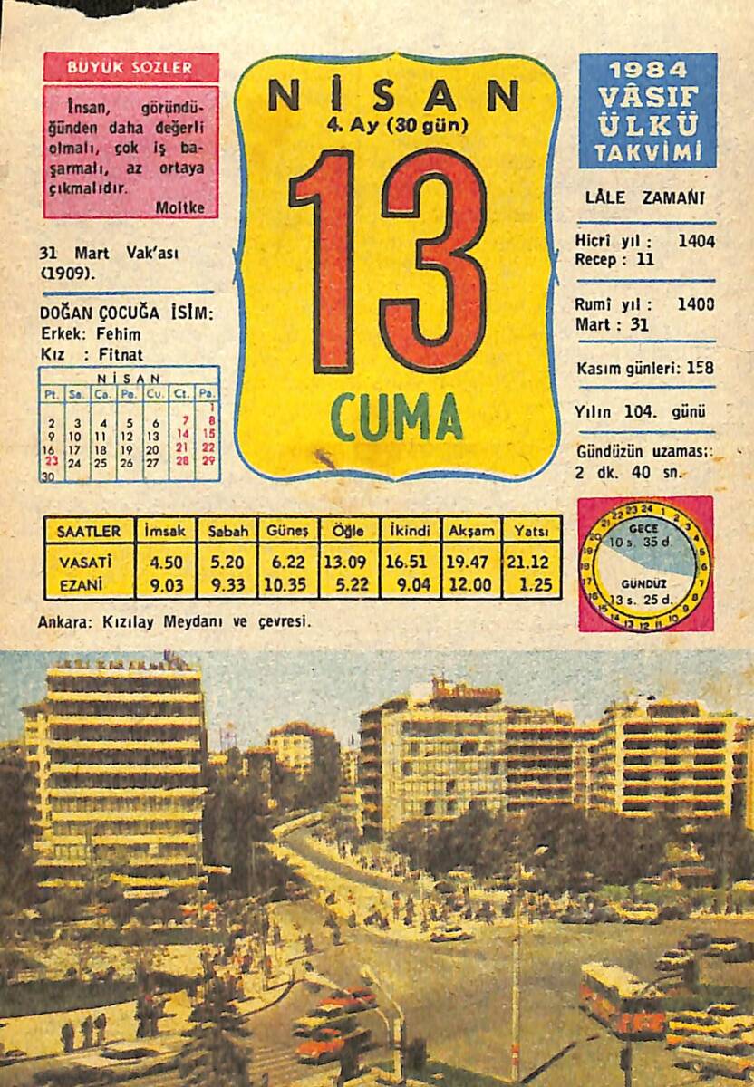 13 Nisan 1984 Takvim Yaprağı - Doğum Günü Hediyesi EFMN15186 - 1
