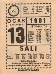 13 Ocak 1981 Takvim Yaprağı EFM(N)4659 - Gökçekoleksiyon