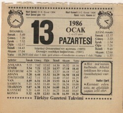 13 Ocak 1986 Takvim Yaprağı EFM(N)5031 - Gökçekoleksiyon
