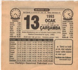 13 Ocak 1993 Takvim Yaprağı EFM(N)4845 - Gökçekoleksiyon