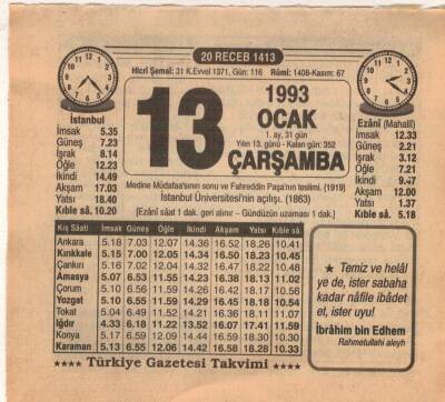 13 Ocak 1993 Takvim Yaprağı EFM(N)4845 - 1