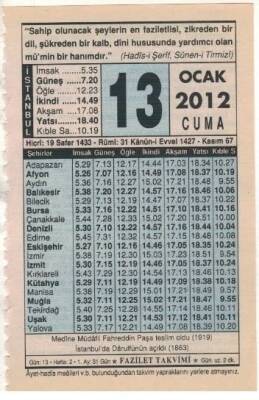 13 Ocak 2012 Takvim Yaprağı EFM(N)1496 - 1