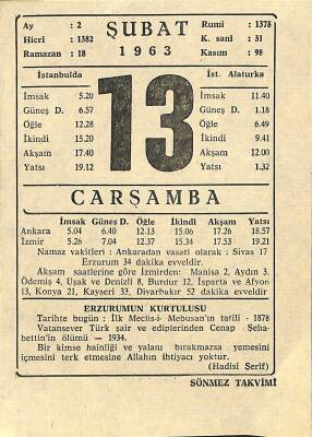 13 Şubat 1963 Takvim Yaprağı - Doğum Günü Hediyesi EFM(N)11837 - 1