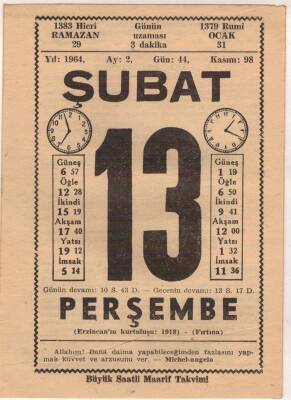 13 Şubat 1964 Takvim Yaprağı EFM(N)5721 - 3