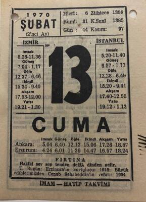 13 Şubat 1970 Takvim Yaprağı - Doğum Günü Hediyesi EFM(N)7763 - 1