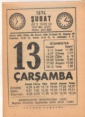 13 Şubat 1974 Takvim Yaprağı EFM(N)5252 - 1