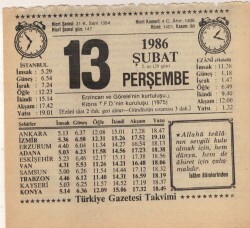 13 Şubat 1986 Takvim Yaprağı EFM(N)5224 - Gökçekoleksiyon