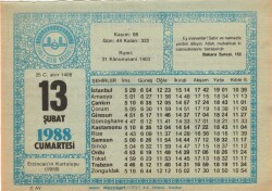 13 Şubat 1988 Takvim Yaprağı EFM(N)5503 - Gökçekoleksiyon